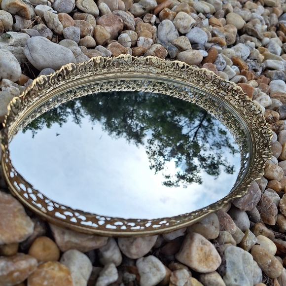 Vintage Vanity Mirror Tray Gold Perfume Trey MCM Art Deco Oval Shape Ornate Mint - Picture 5 of 11